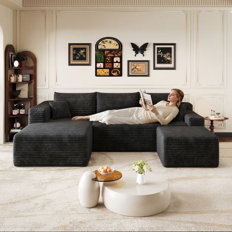 Divano con motivo a nuvole da 241 cm, divano imbottito moderno e minimalista, comodo divano angolare per soggiorno, seduta profonda con sezione angolare, non richiede montaggio, nero. (1/5)