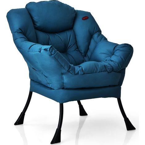 Poltrona in tessuto di poliestere moderno con struttura in metallo, Divano imbottito con braccioli e tasca laterale Blu (1/4)