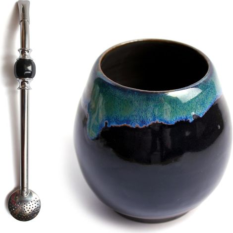 Set pour thé yerba maté Tasse à thé en céramique faite à la main 300 ml Unique matero Passe au lave-vaisselle Paille en acier inoxydable Bombilla Bola noire pour maté 21 cm Set pour thé (1/5)