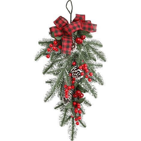 Guirlande De Noël En Forme De Larme - Décoration Extérieure Hivernale En Cèdre Avec Baies Rouges Et Pommes De Pin - Pour Porte Fenêtre Escalier Mur - 1 Pièce (1/5)