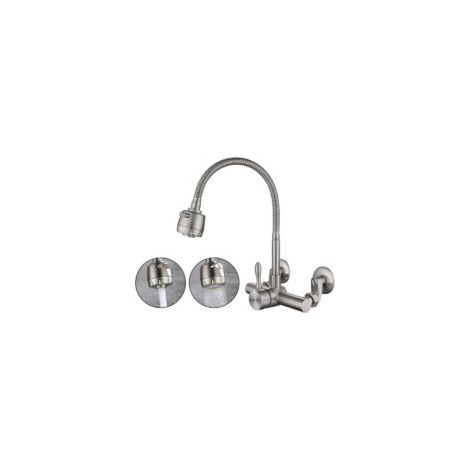 Miscelatore da cucina a parete, realizzato in acciaio inox 304 per uso alimentare, girevole a 360°, con fori di montaggio da 6,3 cm a 24 cm.