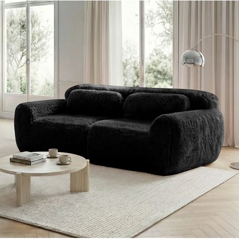 Divano modulare 2 posti in tessuto plush nero, design senza struttura, pronto all'uso con cuscini (1/5)