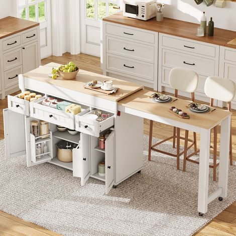 Îlot de cuisine extensible sur roulettes, table de bar avec coin repas, étagère à épices et tiroirs, mobile et autoportant, blanc