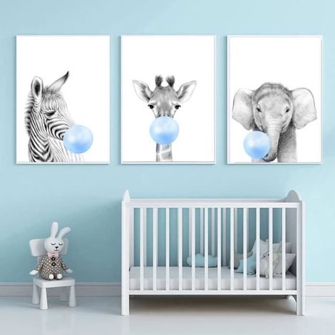 3 Affiche Animaux Bulle Bleu Gris Elephant Girafe et Zebre Poster Chambre Enfant Garcon Tableau Bebe Deco Murale Cadeau sans Cadre