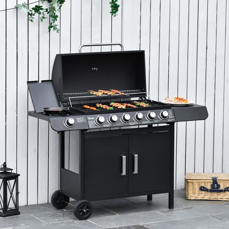 Griglia a gas Outsunny a 7 bruciatori, con termometro incluso, barbecue portatile, colore nero.