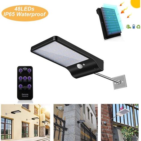 Aplique solar de pared para exteriores, 48 LED, con sensor de movimiento, regulable con mando a distancia, inalámbrico, resistente al agua, ideal para puertas, pasillos, caminos, patios y vallas. Colo (1/5)