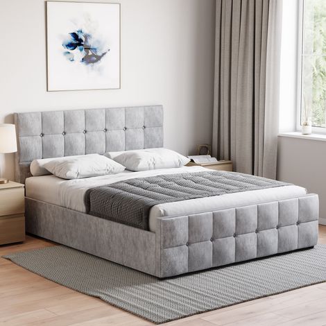 Valentina 5ft King Size Modern Fabric Ottoman Bed Frame, 150 x 200 cm, Crushed-Velvet-Silver