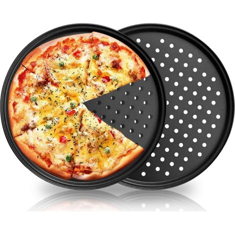 Elkuaie Plaque à Pizza - Plaque de Cuisson - Ronde Perforée 32 cm avec Bord Légèrement Incliné et Surface Antiadhésive - 2 Pièces - pour Four et Plusieurs Plats (1/5)