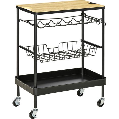 Chariot de cuisine à roulettes, desserte multifonction avec porte-bouteilles, panier amovible, plateau, 60,5 x 35,5 x 75 cm, noir