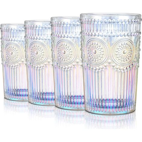 Set of 4 Iridescent Engraved Colorful Drinking Glasses for Water, Juice, Cocktails and Drinks, Retro Glassware Tumblers for Home Bar or Gift (1/5)