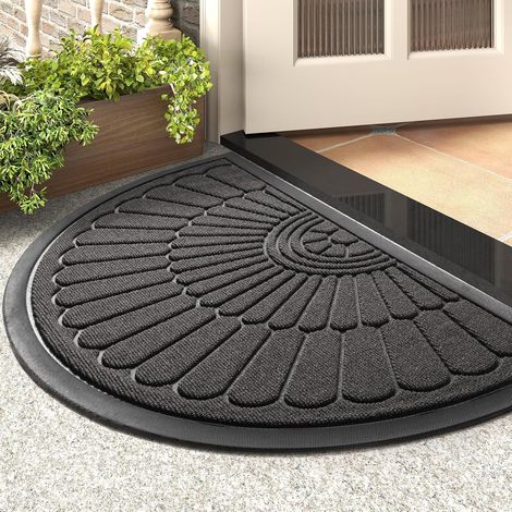 Paillasson - intérieur - extérieur - semi-circulaire - en caoutchouc - antidérapant - lavable - 80 x 50 cm - polyester - gris foncé (1/5)