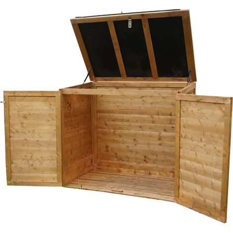 Chalet & Jardin – Coffre de jardin 1350L en pin traité autoclave – Dimensions ext. 150x98x130cm – Toit étanche en polypropylène – Ouverture par vérins à gaz