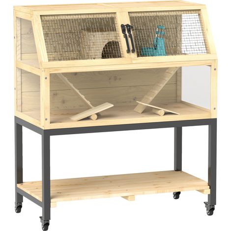 CHICFURN Gabbia per criceto nano 87 x 43 x 101 cm in legno naturale con ruote e ripiano (1/5)