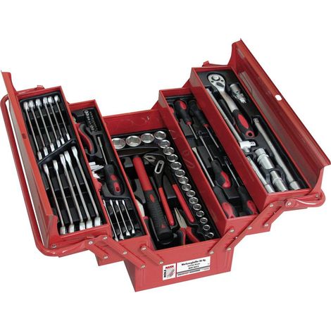 Holzmann – Boîte à outils garnie rouge 14,3 kg – 20 inserts mâles 1/2 – Marteau 300g – 17 clés à fourche – Pince coupante 150mm (1/3)