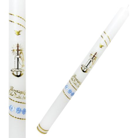 Vela de bautismo, blanca, lisa, con decoraciones doradas y azules - cruz