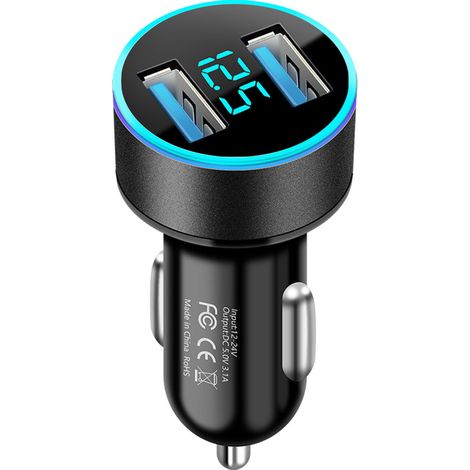 Cargador USB para coche QC3.0, adaptador USB para coche QC3.0 dual totalmente metálico con voltímetro LED y protección total para varios dispositivos móviles (1/5)