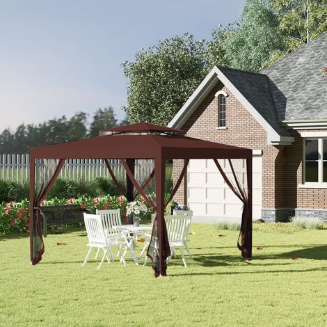 Tente jardin 3x3 m pavillon 4 moustiquaires latéraux double toit 8 trous drainage cadre métal brun