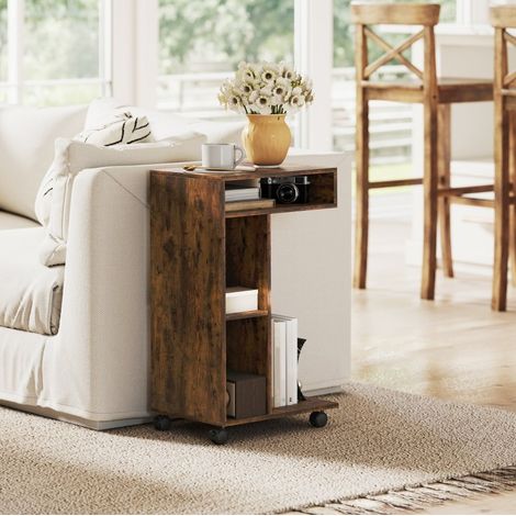 Tavolino laterale a C con rotelle, 3 scomparti, 40 x 30 x 69 cm, marrone rustico, OKWISH (1/5)