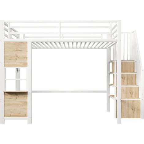 Letto a soppalco per bambini 140 x 200 cm in metallo e MDF bianco, con scala contenitore (1/5)