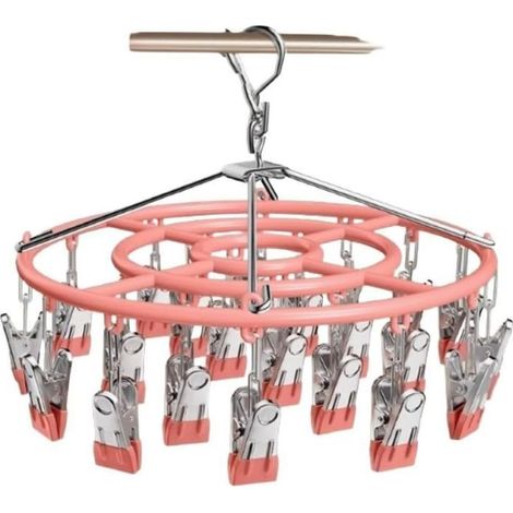 Étendoir à Linge en métal avec 24 Clips,Etendoir Chaussette,Tourniquet à Chaussettes pour sous-Vêtements, pivotant Coupe-Vent accroche-Chaussettes,Rose (1/5)