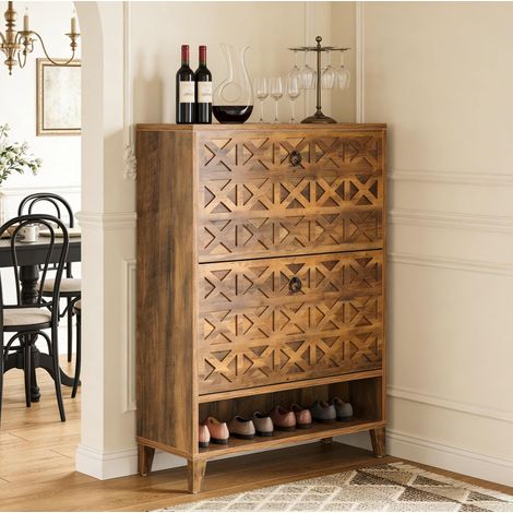 Meuble à chaussures 80x24x110 cm avec 2 tiroirs rabattables et étagère ouverte, marron et noir (1/5)