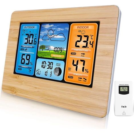 Station météo sans Fil Station météo numérique avec Station météo Thermomètre avec Alarme et humidité Baromètre Alarme Horloge météo à Phase Lunaire avec capteur extérieur (jaune) (1/5)
