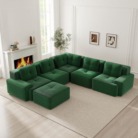 Divano angolare modulare con chaise longue, 295 x 295 x 69 cm, velluto a coste, verde OKMYHOME (1/5)