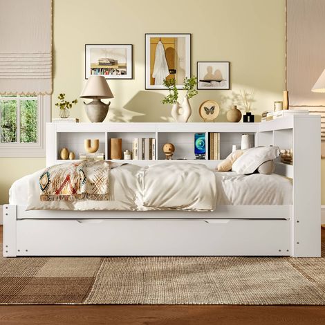Lit banquette 140x200 avec gigogne, sommier, prises et usb intégrés, coloris blanc (1/5)