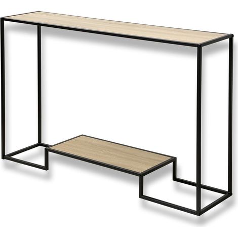 Console moderne 2 niveaux décor chêne L120cm – Structure en acier noir mat – Panneaux de particules résistants 12 mm – Plateau large pour rangement