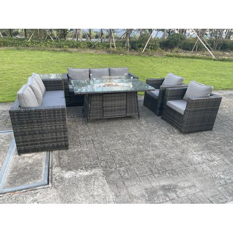 Fimous 8 Seater Outdoor Rattan Garden Furniture Gas Fire Pit Table Sets Gas Heater Lounge Chairs Side Coffee Tea Table Dark Grey (1/5)