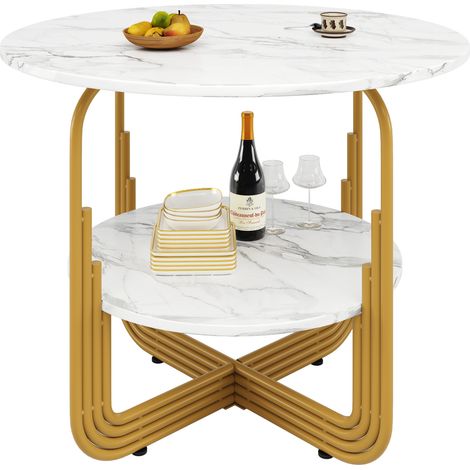 Table de salle à manger ronde 80 cm, plateau effet marbre en MDF, pied croisé doré, rangement central et pieds réglables pour cuisine, salon, CHICFURN (1/5)