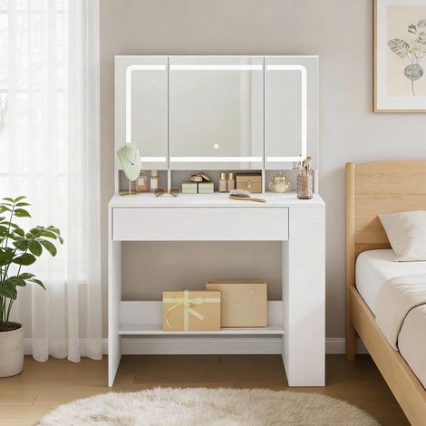Coiffeuse 90 x 40 x 135 cm blanche – miroir LED et rangement, 2 colis (1/5)