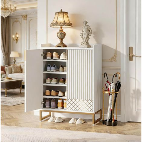 Mueble para zapatos 75x35x105 cm blanco y dorado, 5 niveles, 2 puertas, estructura de madera MEUBLIV (1/5)