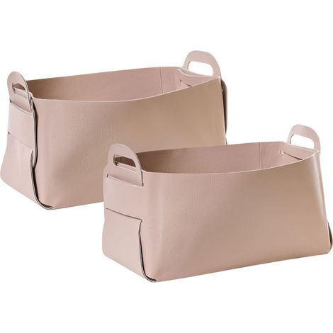 Set di 2 cestini portaoggetti fatti a mano con manici in ecopelle rosa pastello Nuzi