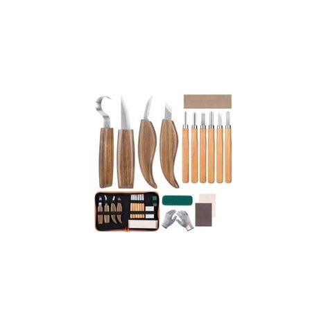 Kit 15 Pièces Outils de Sculpture Bois avec Gants Anti-Coupures, Couteaux et Ciseaux pour Artisans, Charpentiers et Amateurs - KZQ