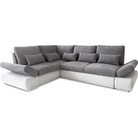 Canapé d'angle SEBASTIAN Réversible et Convertible avec coffre en simili et tissu - Gris clair (1/5)