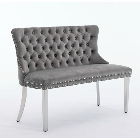 CAIziBanc double de salle à manger en velours, assise cuisine et salle à manger, banc capitonné 2 places avec boutons faits main, dossier aile, pieds en acier inoxydable brossé argent, style moderne d (1/5)