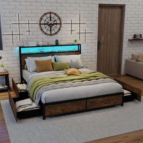 COSTWAY Letto con 4 Cassetti e Testiera, Struttura Letto 200x160 cm con Luci LED Regolabile e Presa Multipla, Carico Massimo 300kg, Silenzioso (200x160 cm) (1/5)