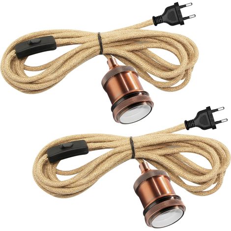 2PCS Lustre Corde de Chanvre avec Prise, 500CM Douille E27 Cable Corde, Suspension Luminaire Vintage avec Prise, Lampe Suspendue avec Interrupteur, Convient pour Intérieur DIY Abat Jour, Or Rose (1/5)