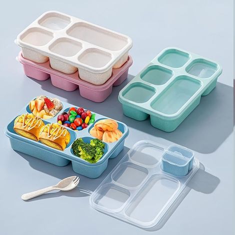 Lot de 4 boîtes à lunch Bento pour adultes, contenants à collations et à sauce, 5 compartiments, réutilisables, avec récipient pour sauce et fourchette, pour l'école, le travail et les voyages (paille (1/5)
