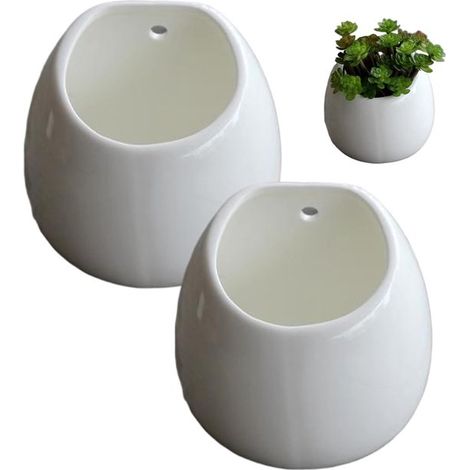 Juego de 2 macetas de pared de cerámica con orificio para colgar，macetas colgantes modernas para suculentas y plantas pequeñas (1/4)