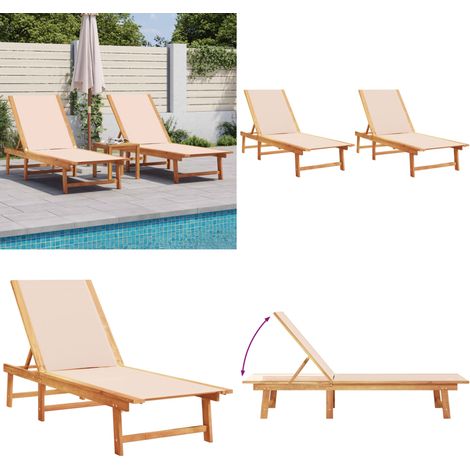 Chaises longues lot de 2 crème bois acacia solide et textilène - Chaise Longue - Transat - Lit De Bronzage - Mobilier De Jardin - Salon De Jardin - Home & Living