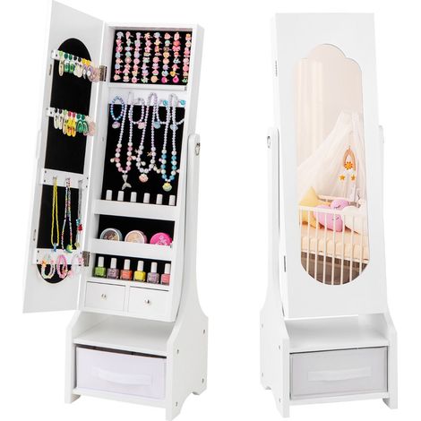 Mobiletto portagioie per bambini 31,5 x 30 x 105 cm con spazio di archiviazione ottimizzato e moderno specchio allungabile in MDF bianco 200010367
