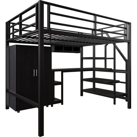 Letto a soppalco 140 x 200 cm con armadio, scaffali, scala contenitore e scrivania, nero (1/5)