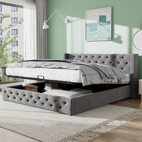 Lit capitonné 160x200 cm en velours gris avec coffre de rangement hydraulique et tête de lit haute (1/5)