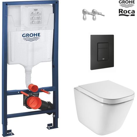 Bastidor empotrado GROHE pack cisterna y pulsador even negro mate con inodoro suspendido ROCA The Gap Rimless (1/5)