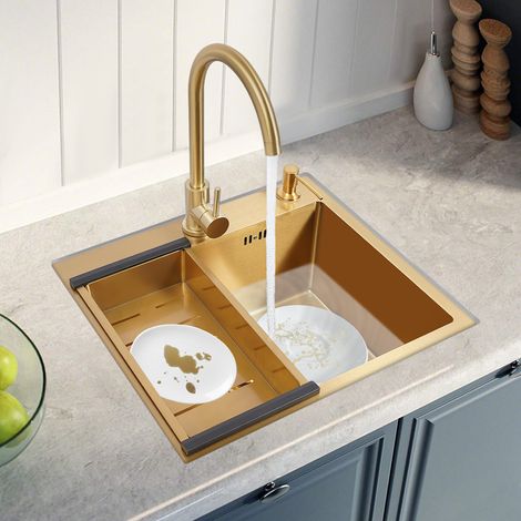 Fregadero de cocina dorado, acero inoxidable, fregadero, lavabo con grifo (1/5)