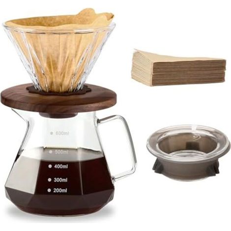 Cafetera de filtro manual, jarra de vidrio borosilicato de 600 ml con 100 filtros de papel tamaño 02, mango de nogal y tapa de vidrio transparente. (1/5)