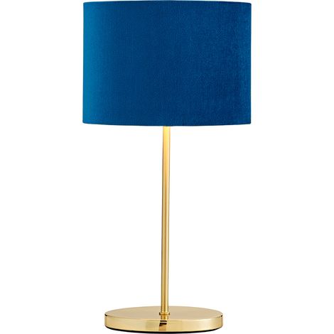 Litecraft Table Lamp Stick Base With Blue Oval Velvet Shade - Satin Brass