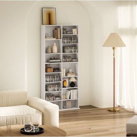 Meuble de rangement CD/DVD en bois blanc, 14 étagères réglables, 78,5 x 24 x 175 cm (1/4)